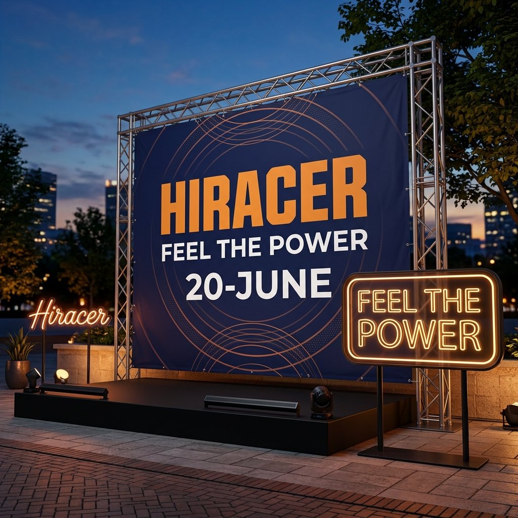 Outdoor backdrop stage with Hiracer neon signs